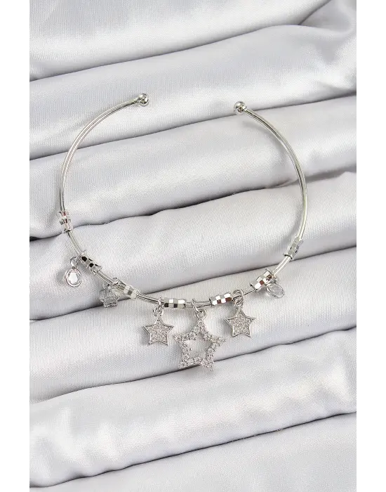 Pirinç Zirkon Taşlı Yıldız Model Gümüş Renk Charm Bileklik