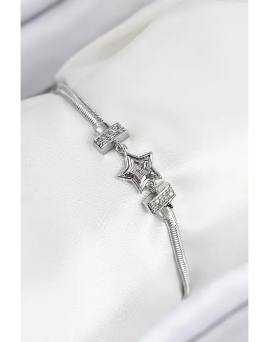 Pirinç Zirkon Taşlı Yıldız Model Gümüş Renk Kadın Bileklik