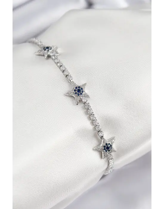 Pirinç Zirkon Taşlı Yıldız Model Gümüş Renk Kadın Bileklik