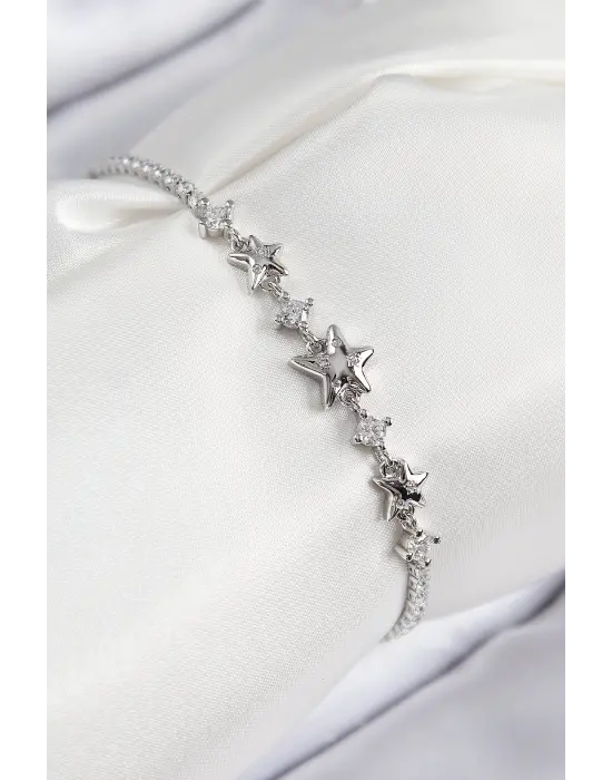 Pirinç Zirkon Taşlı Yıldız Model Gümüş Renk Kadın Bileklik