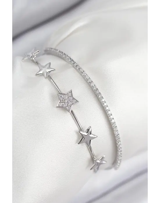 Pirinç Zirkon Taşlı Yıldız Model Gümüş Renk Kadın Bileklik