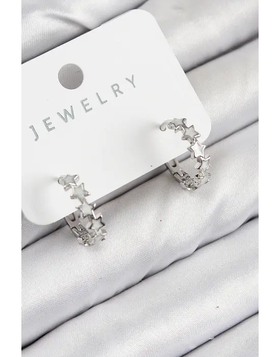 Pirinç Zirkon Taşlı Yıldız Model Gümüş Renk Kadın Küpe