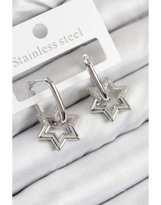 Pirinç Zirkon Taşlı Yıldız Model Gümüş Renk Kadın Küpe