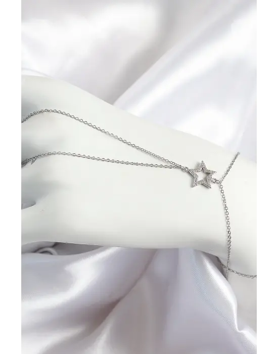 Pirinç Zirkon Taşlı Yıldız Model Gümüş Renk Kadın Şahmeran