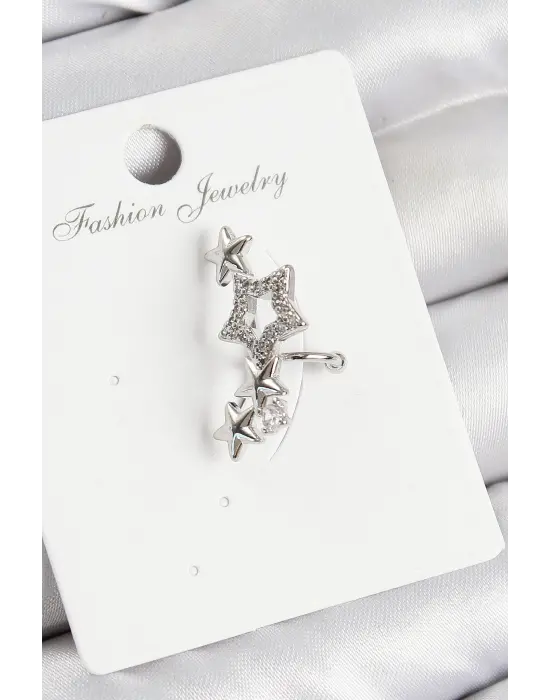 Pirinç Zirkon Taşlı Yıldız Model Gümüş Renk Sağ Kıkırdak Küpe