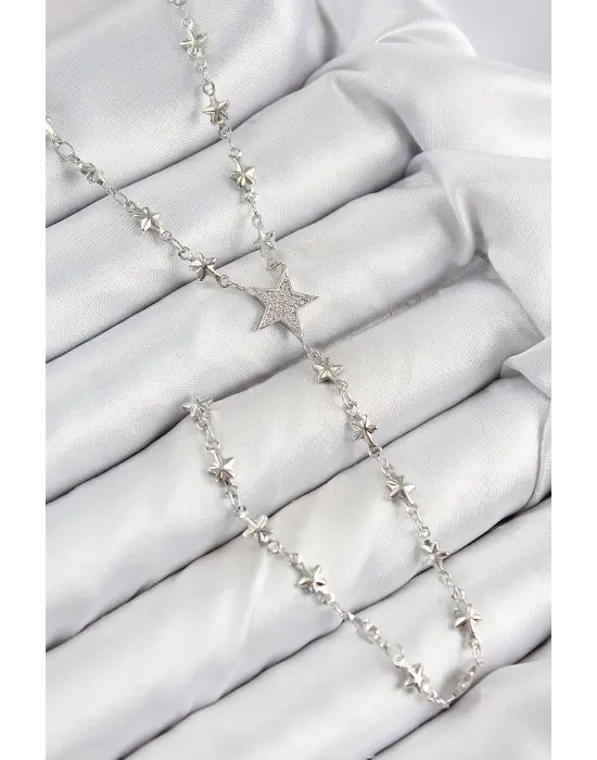 Pirinç Zirkon Taşlı Yıldız Model Gümüş Renk Y Kolye