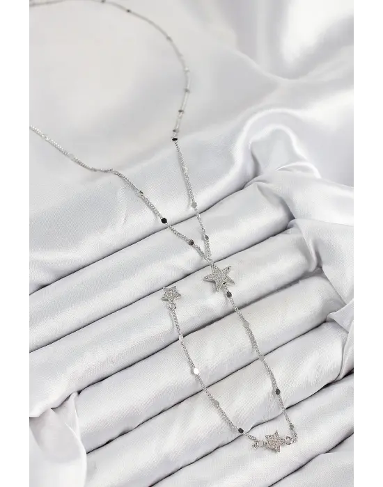 Pirinç Zirkon Taşlı Yıldız Model Gümüş Renk Y Kolye