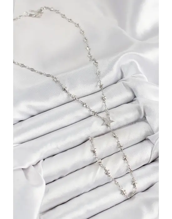 Pirinç Zirkon Taşlı Yıldız Model Gümüş Renk Y Kolye