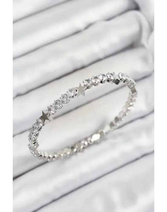 Pirinç Zirkon Taşlı Yıldız Model Gümüş Renk Yaylı Kadın Bileklik