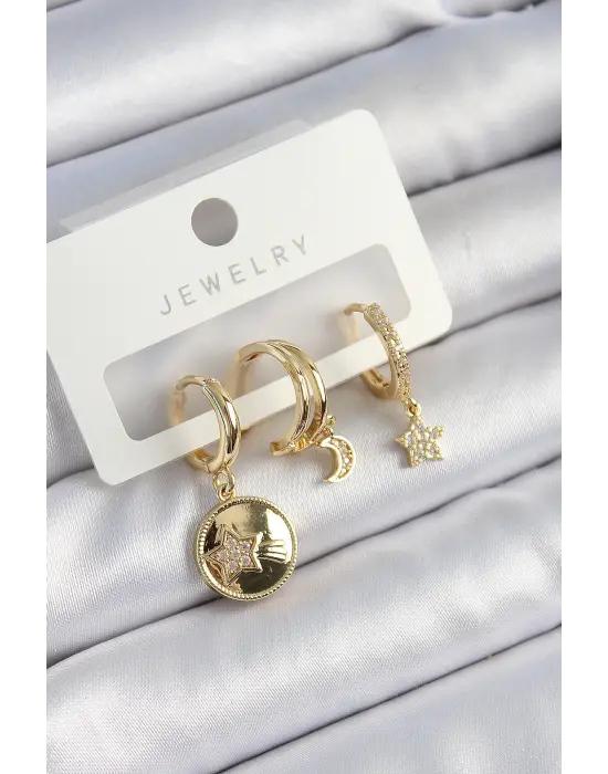 Çelik Zirkon Taşlı Yıldız Ve Ay Model Gold Renk 3lü Çift Kadın Küpe Set