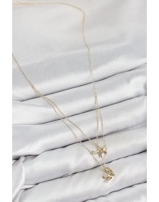 Pirinç Zirkon Taşlı Yıldız Ve Ay Model Gold Renk Kadın Kolye