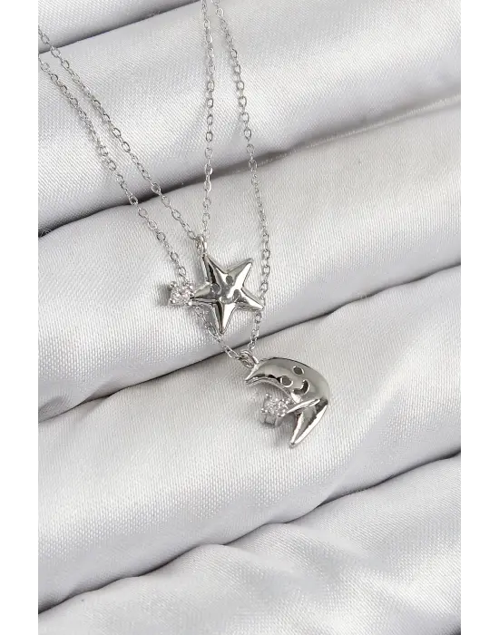 Pirinç Zirkon Taşlı Yıldız Ve Ay Model Gümüş Renk Kadın Kolye
