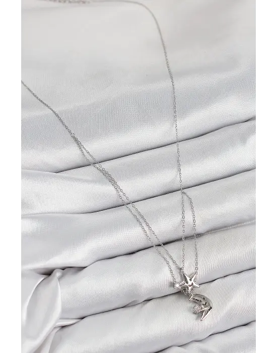 Pirinç Zirkon Taşlı Yıldız Ve Ay Model Gümüş Renk Kadın Kolye