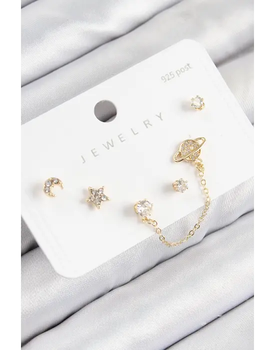 Pirinç Zirkon Taşlı Yıldız Ve Gezegen Model Gold Renk 925 Ayar Gümüş Çivi Kadın Küpe Set