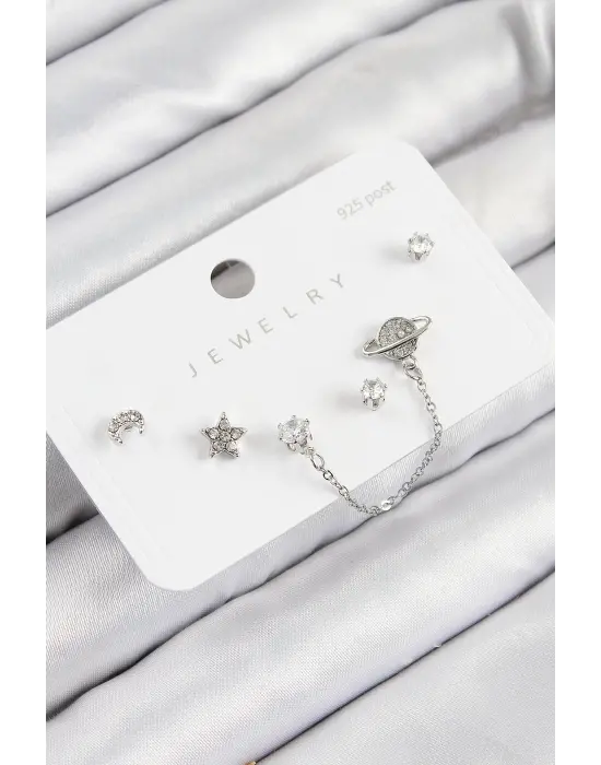 Pirinç Zirkon Taşlı Yıldız Ve Gezegen Model Gümüş Renk 925 Ayar Gümüş Çivi Kadın Küpe Set