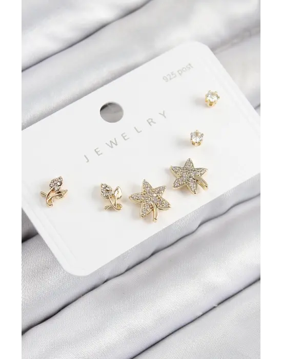 Pirinç Zirkon Taşlı Yıldız Ve Gül Model Gold Renk 925 Ayar Gümüş Çivi Kadın Küpe Set