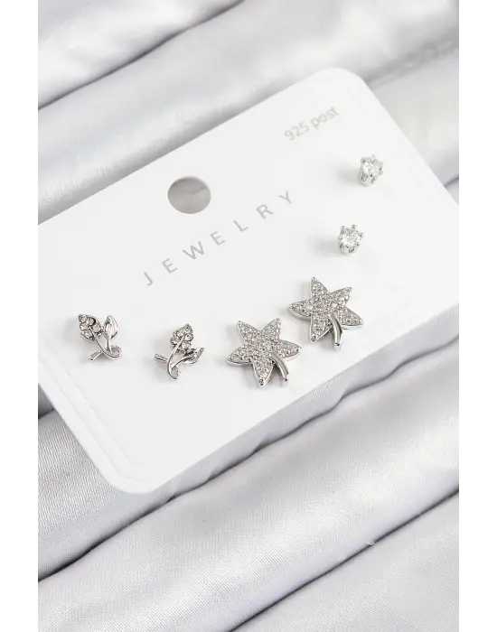 Pirinç Zirkon Taşlı Yıldız Ve Gül Model Gümüş Renk 925 Ayar Gümüş Çivi Kadın Küpe Set