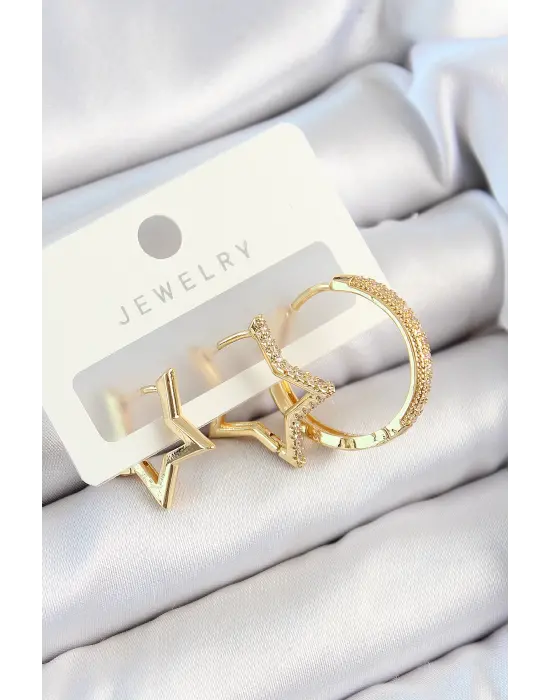 Pirinç Zirkon Taşlı Yıldız Ve Halka Model Gold Renk 3lü Çift Kadın Küpe Set