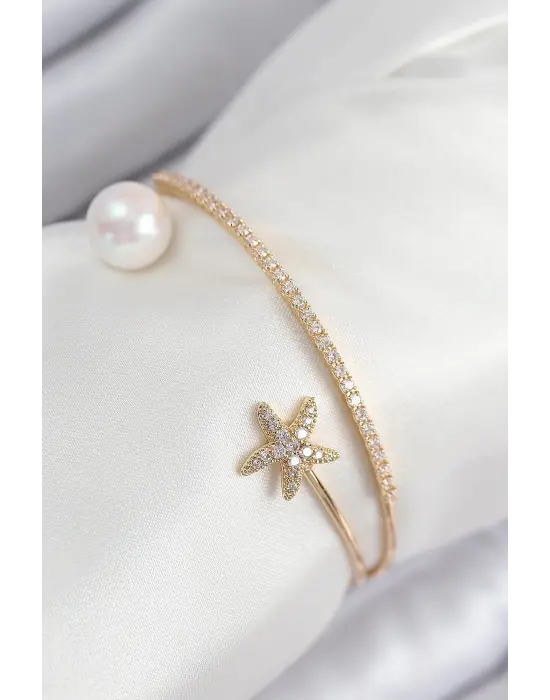 Pirinç Zirkon Taşlı Yıldız Ve İnci Model Gold Renk Kadın Bileklik