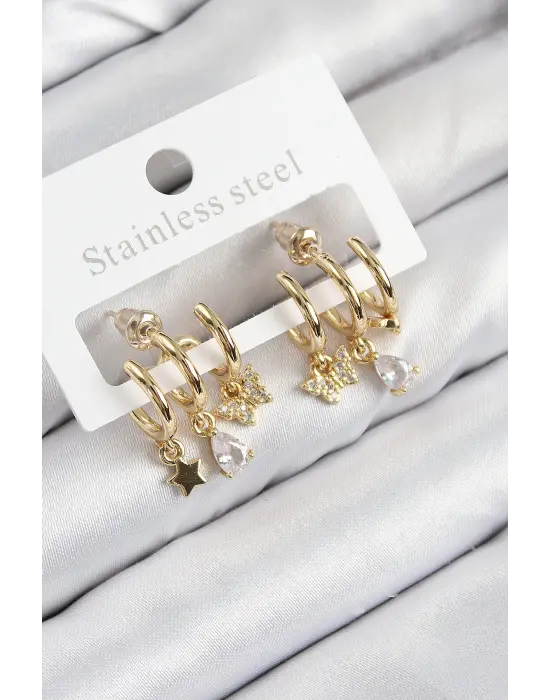 Pirinç Zirkon Taşlı Yıldız Ve Kelebek Model Gold Renk Kadın Küpe