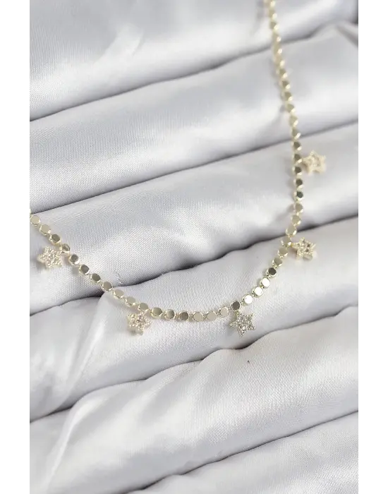 Pirinç Zirkon Taşlı Yıldızlı Ezme Zincir Model Gold Renk Kadın Kolye