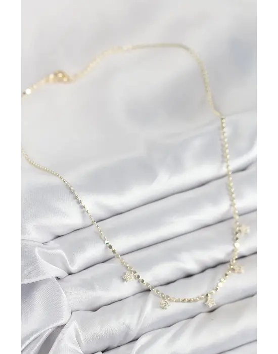 Pirinç Zirkon Taşlı Yıldızlı Ezme Zincir Model Gold Renk Kadın Kolye