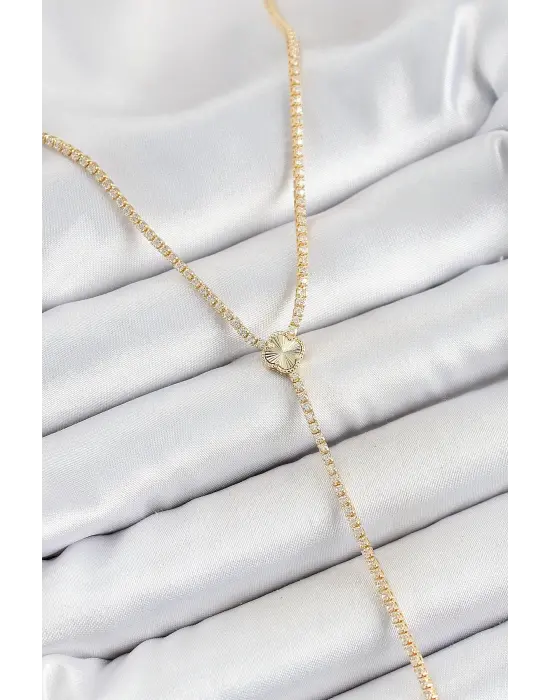 Pirinç Zirkon Taşlı Yonca Figürlü Y Model Gold Renk Kadın Kolye