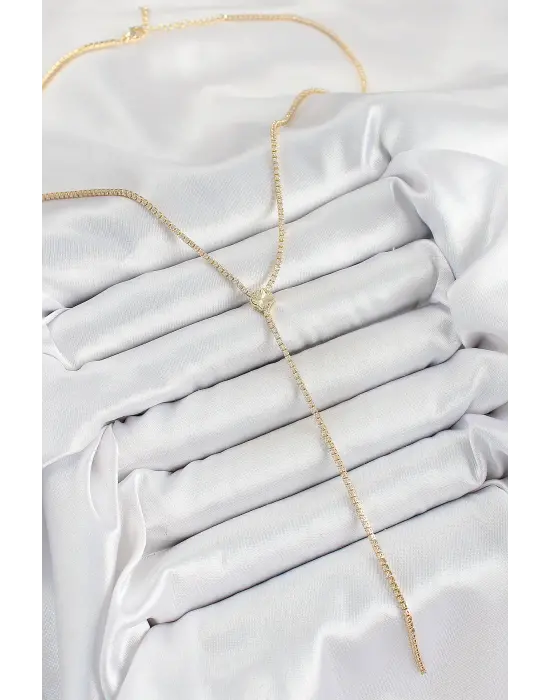 Pirinç Zirkon Taşlı Yonca Figürlü Y Model Gold Renk Kadın Kolye