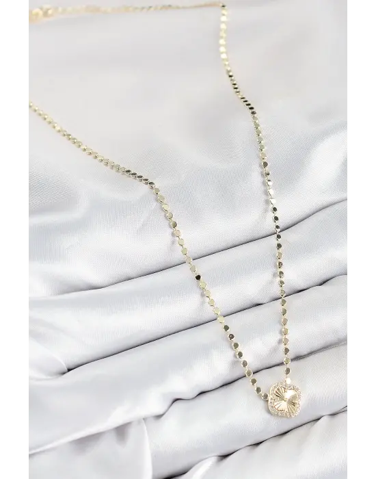 Pirinç Zirkon Taşlı Yonca Model Ezme Zincir Gold Renk Kadın Kolye