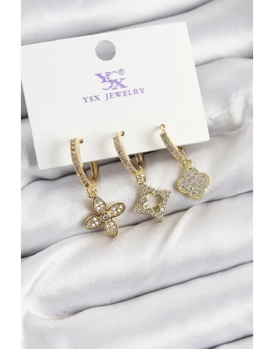 Pirinç Zİrkon Taşlı Yonca Model Gold Renk 3lü Kadın Küpe