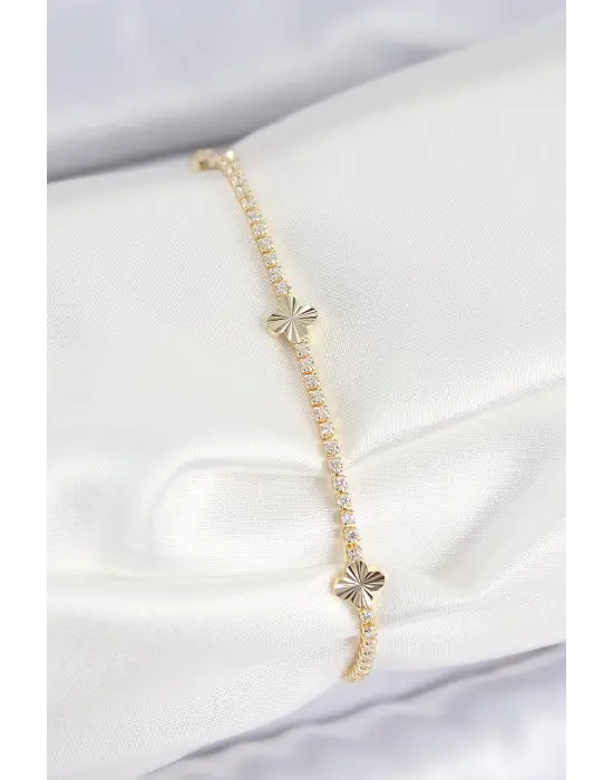 Pirinç Zirkon Taşlı Yonca Model Gold Renk Kadın Bilekilk