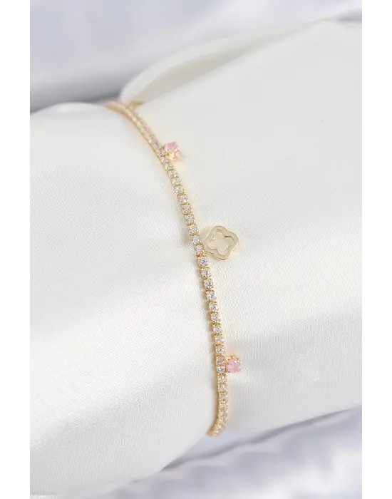 Pirinç Zirkon Taşlı Yonca Model Gold Renk Kadın Bilekilk