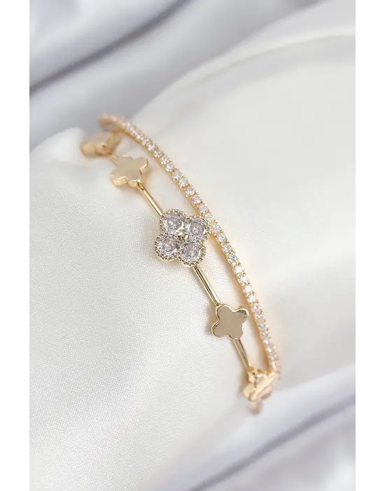 Pirinç Zirkon Taşlı Yonca Model Gold Renk Kadın Bileklik