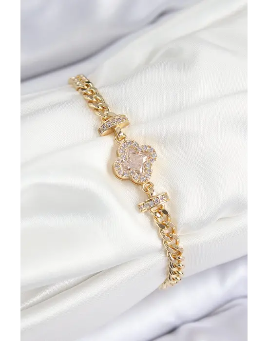 Pirinç Zirkon Taşlı Yonca Model Gold Renk Kadın Bileklik