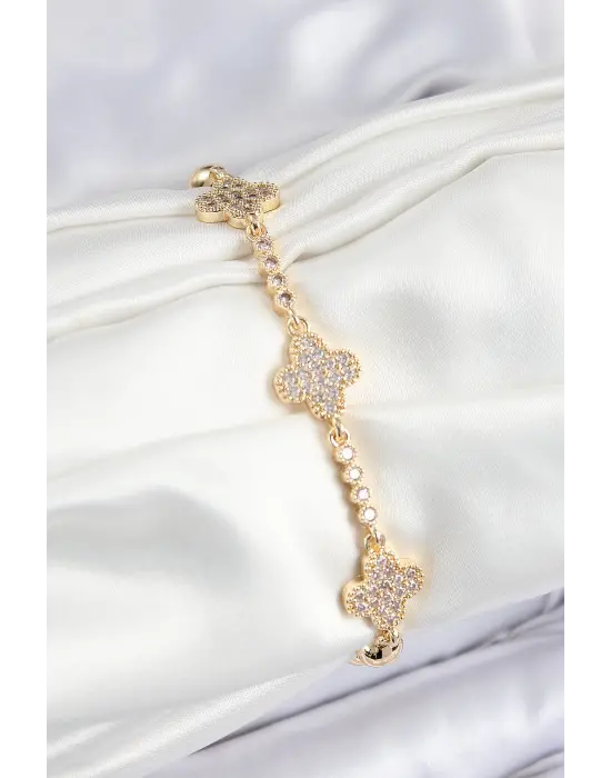 Pirinç Zirkon Taşlı Yonca Model Gold Renk Kadın Bileklik