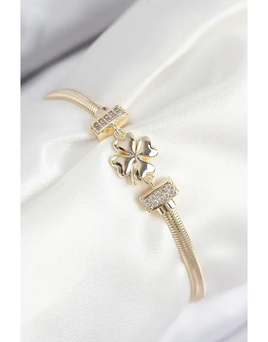 Pirinç Zirkon Taşlı Yonca Model Gold Renk Kadın Bileklik
