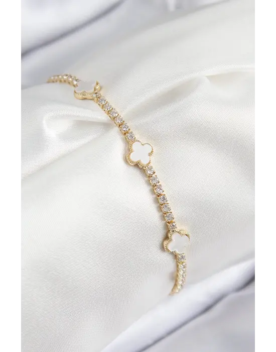 Pirinç Zirkon Taşlı Yonca Model Gold Renk Kadın Bileklik