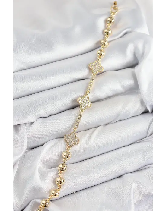 Pirinç Zirkon Taşlı Yonca Model Gold Renk Kadın Bileklik