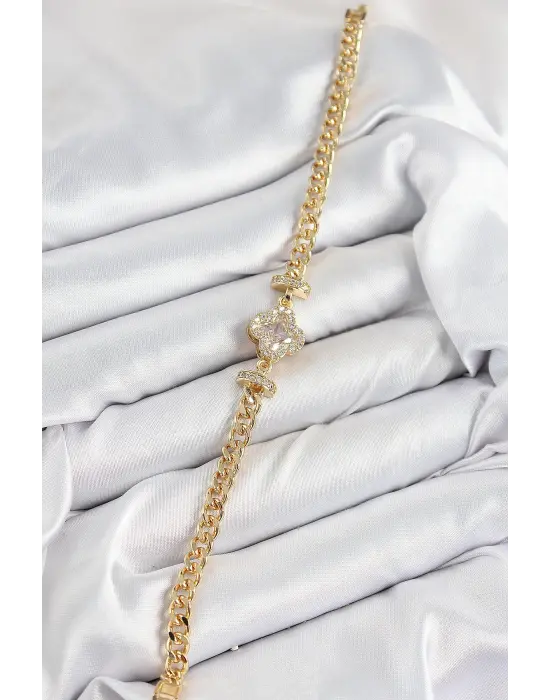 Pirinç Zirkon Taşlı Yonca Model Gold Renk Kadın Bileklik