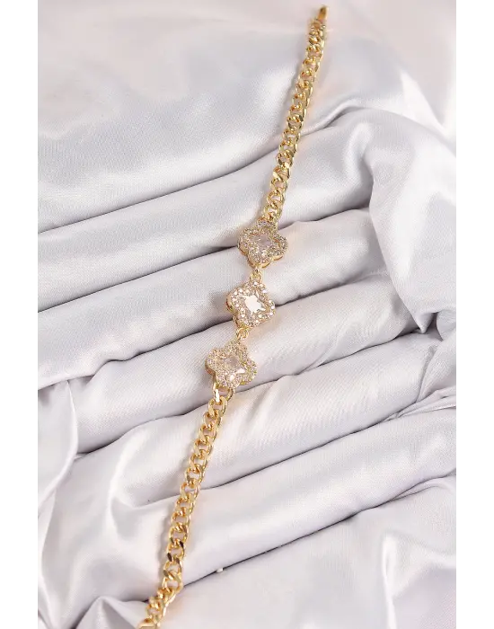 Pirinç Zirkon Taşlı Yonca Model Gold Renk Kadın Bileklik