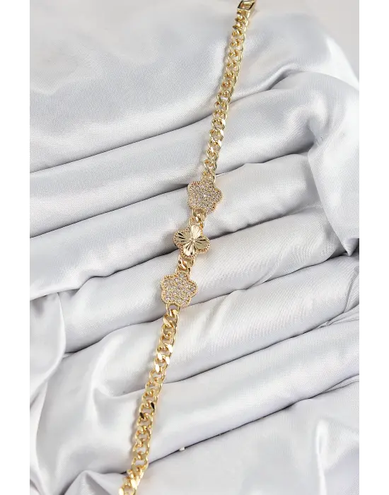 Pirinç Zirkon Taşlı Yonca Model Gold Renk Kadın Bileklik