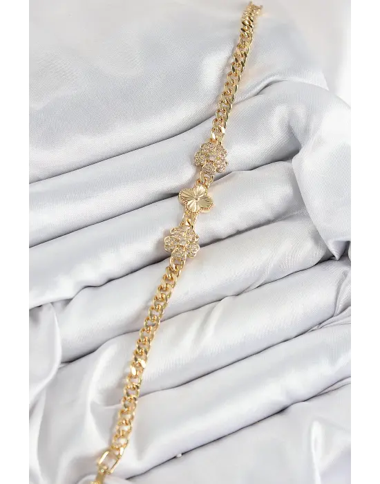 Pirinç Zirkon Taşlı Yonca Model Gold Renk Kadın Bileklik