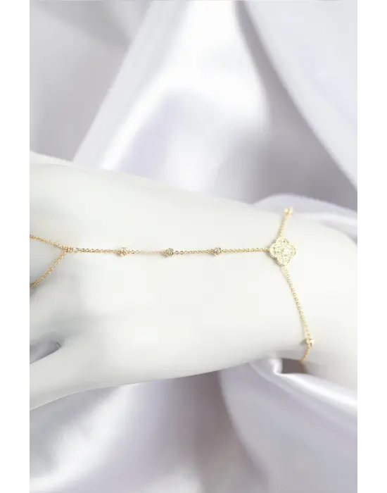 Pirinç Zirkon Taşlı Yonca Model Gold Renk Şahmeran