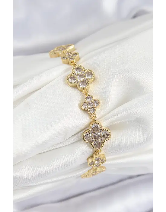 Pirinç Zirkon Taşlı Yonca Model Gold Renk VIP Seri Kadın Bileklik