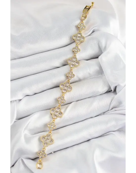 Pirinç Zirkon Taşlı Yonca Model Gold Renk VIP Seri Kadın Bileklik