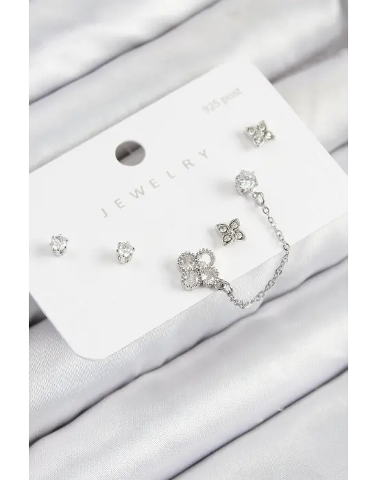 Pirinç Zirkon Taşlı Yonca Model Gümüş Renk 925 Ayar Gümüş Çivi Kadın Küpe Set