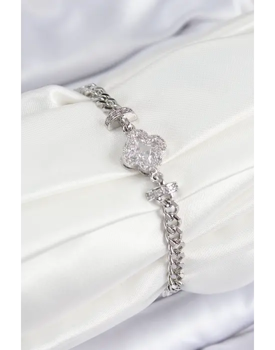 Pirinç Zirkon Taşlı Yonca Model Gümüş Renk Kadın Bileklik