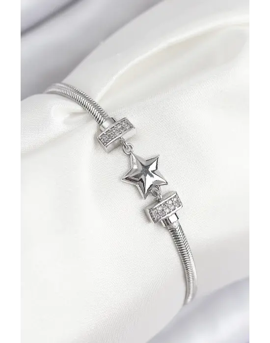 Pirinç Zirkon Taşlı Yonca Model Gümüş Renk Kadın Bileklik