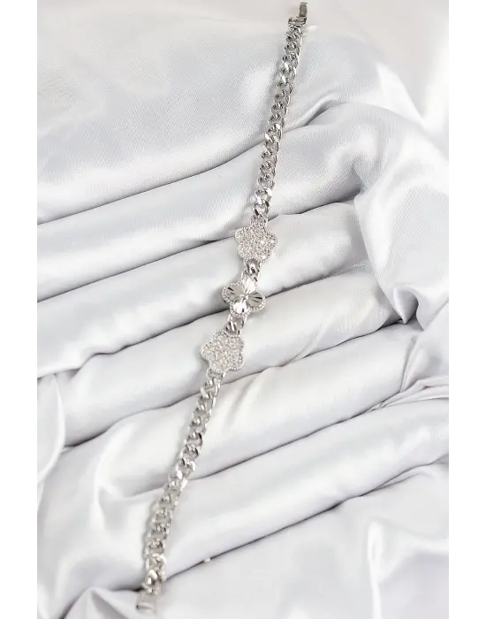 Pirinç Zirkon Taşlı Yonca Model Gümüş Renk Kadın Bileklik