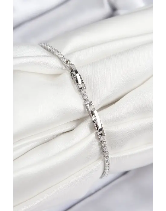 Pirinç Zirkon Taşlı Yonca Model Gümüş Renk Kadın Bileklik